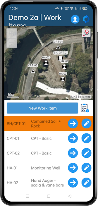 CORE-GS MOBILE on two phones showing the work items map and a soil description form